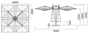 業務用大型パラソル「クアットロ（QT4360）」6ｍ×6ｍスタンダード　寸法図